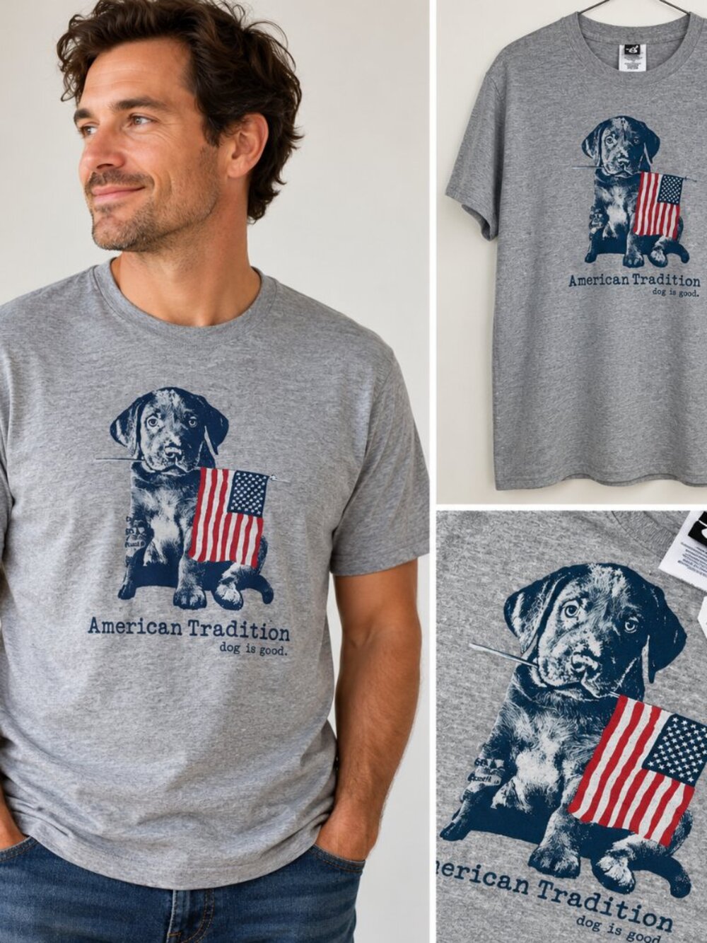 Dog is Good American Tradition Patriotic Dog Flag T Shirt NWT Gray L
